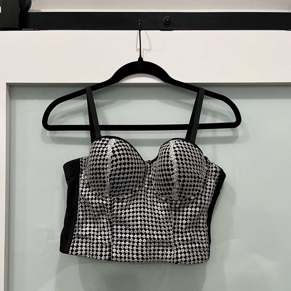 IT Girl Black & White Corset Crop Top Flower Print, Size  Large